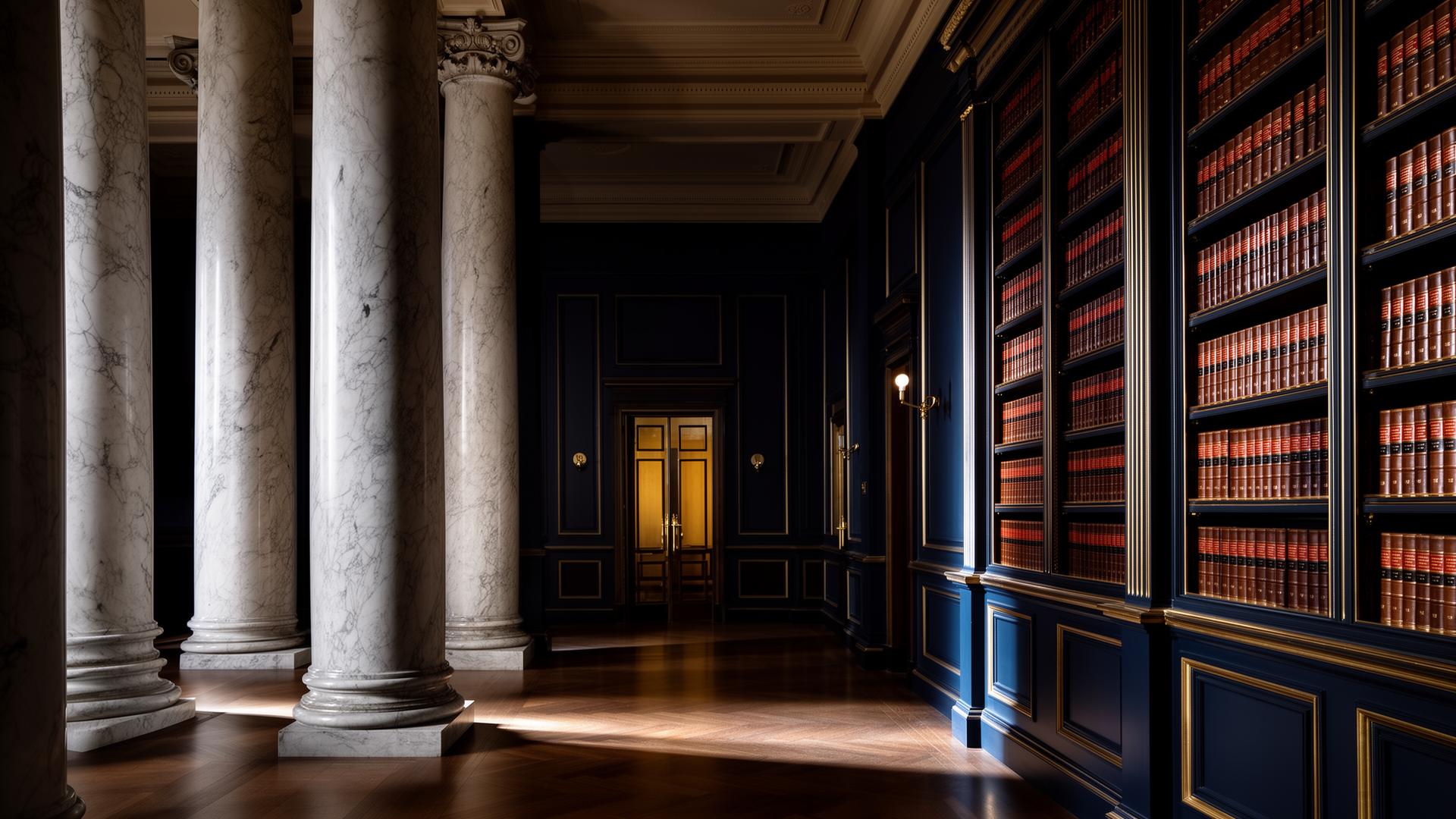 Biblioteca jurídica com colunas de mármore e estantes de livros