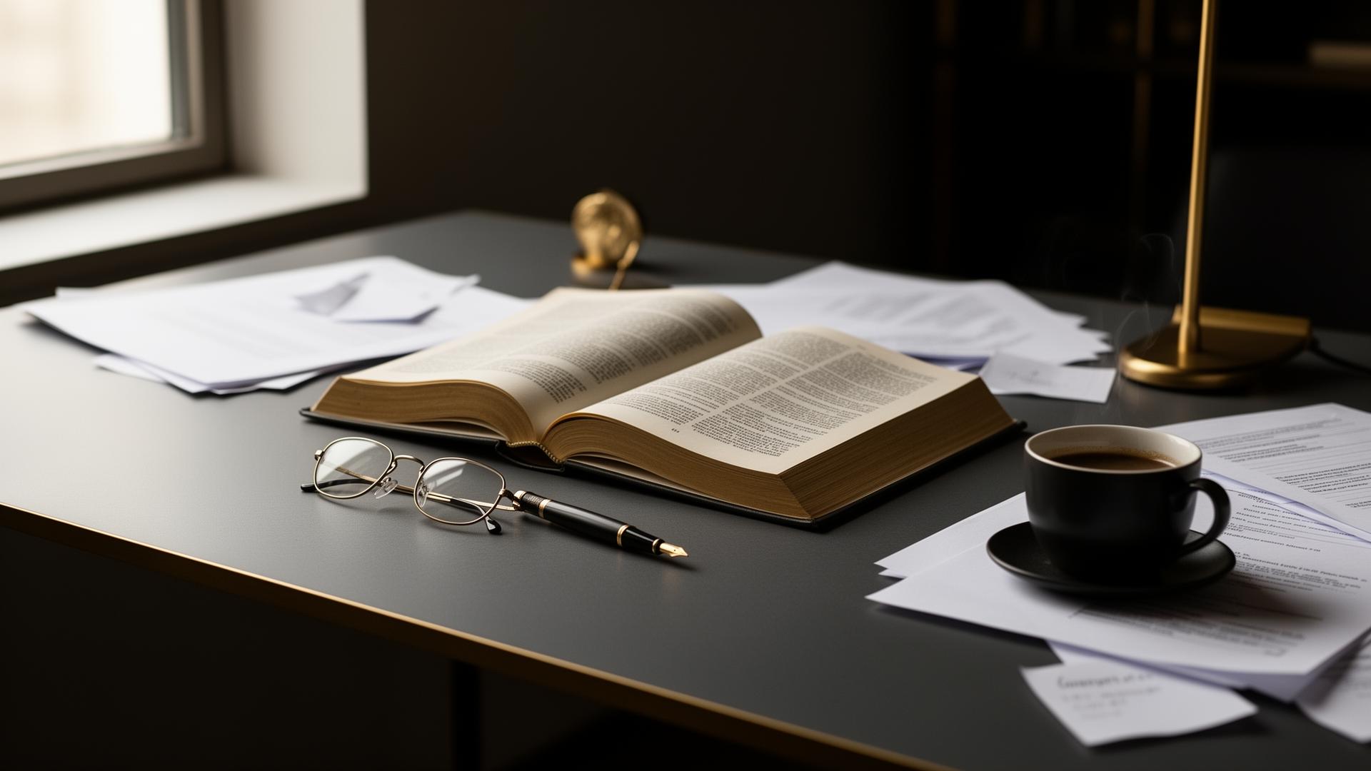 Mesa de estudo com livros jurídicos e documentos