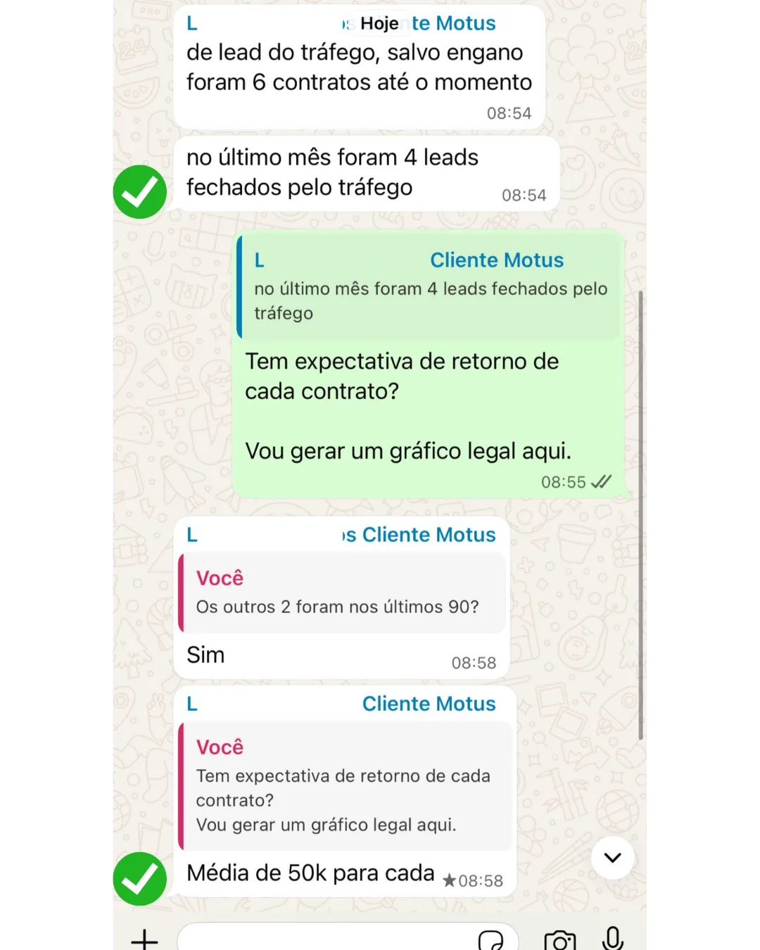 Depoimento real de cliente Motus Marketing: 6 contratos high-ticket em 90 dias — captura de tela do WhatsApp