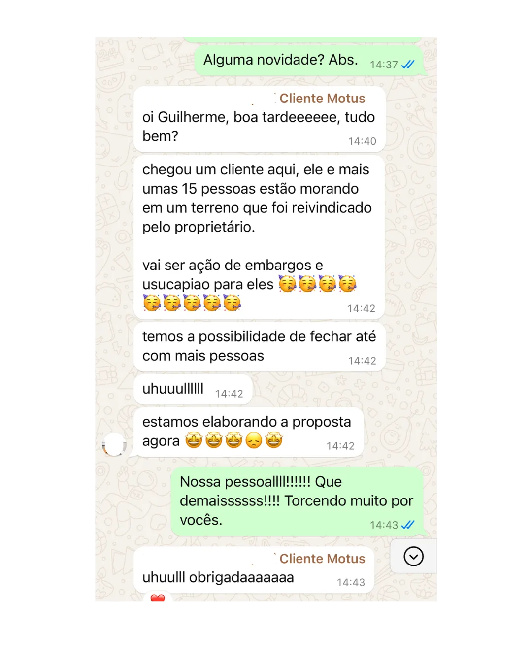 Depoimento real de cliente Motus Marketing: Fluxo constante de leads — captura de tela do WhatsApp