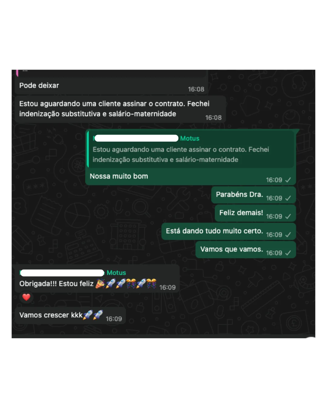 Depoimento real de cliente Motus Marketing: Resultados mensuráveis — captura de tela do WhatsApp