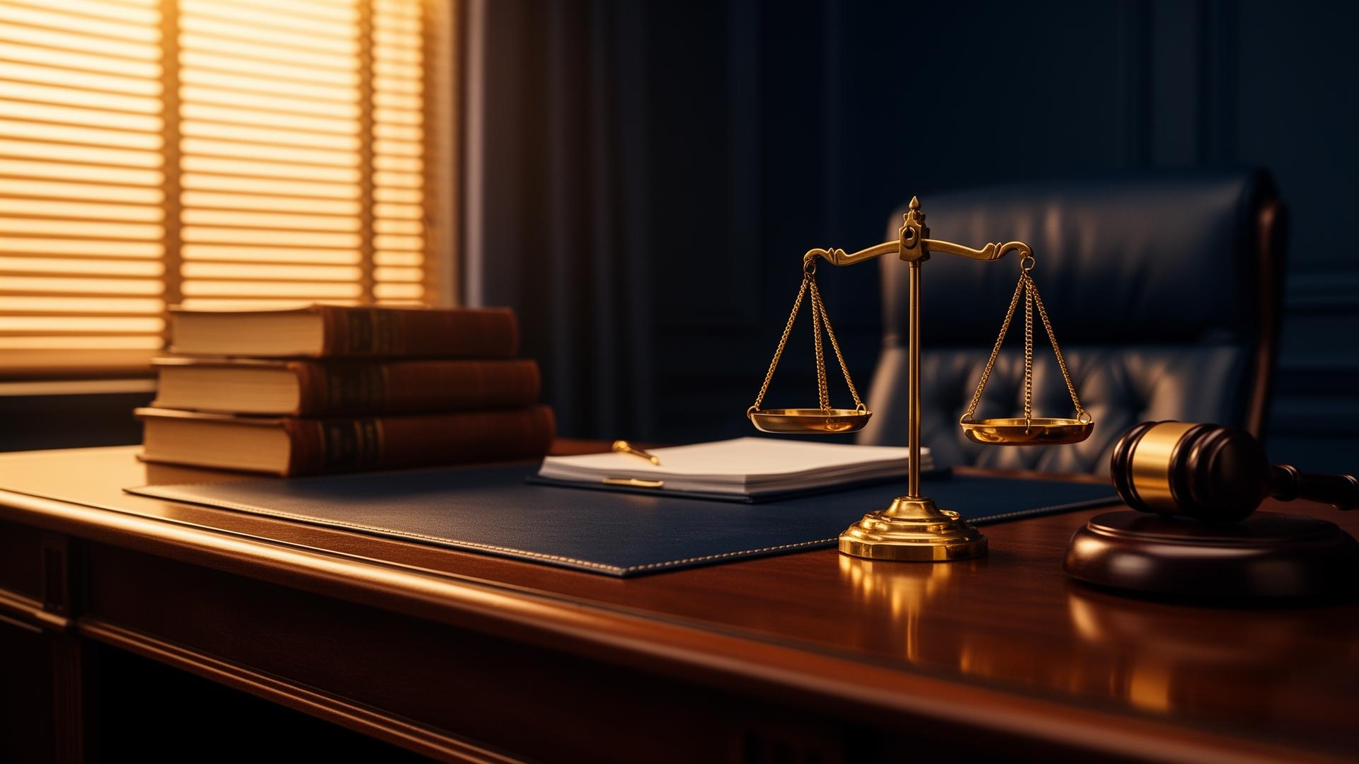 Escritório de advocacia profissional com balança da justiça