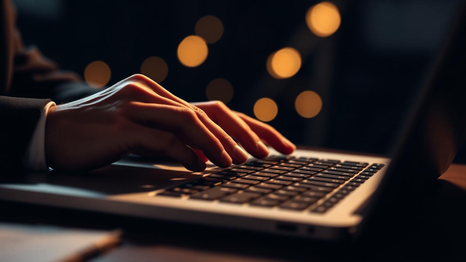 Mãos digitando em um laptop em ambiente profissional: produção de conteúdo jurídico