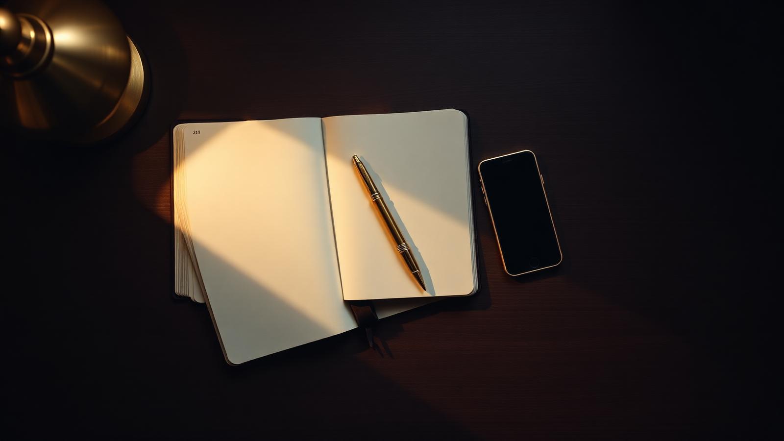 Mãos de um advogado escrevendo em um caderno ao lado de smartphone: preparação de conteúdo digital